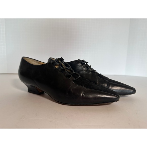 Barneys New York Shoes - Vintage Barneys New York Black Leather Suede Lace Up Pointed Toe Kitten Heel 6.5